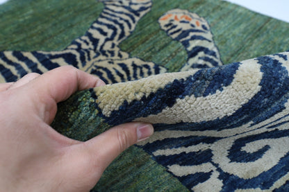 103 x 148 cm | Tribal Tiger Green Area Rug Afghan Hand Knotted veg Dye Wool carpet - ART WOOL CARPET