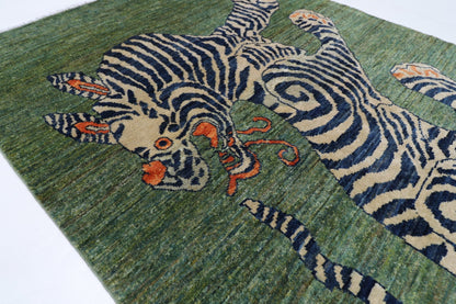 103 x 148 cm | Tribal Tiger Green Area Rug Afghan Hand Knotted veg Dye Wool carpet - ART WOOL CARPET