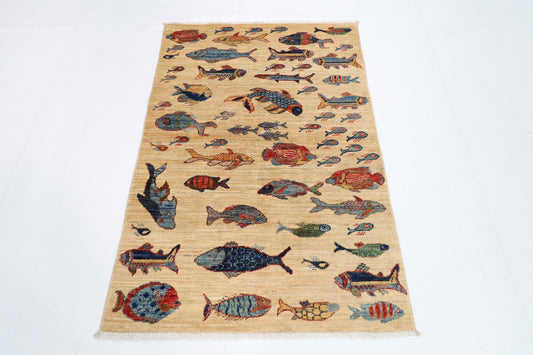 103 x 150 cm | Tribal Fish beige Area Rug Afghan Hand Knotted veg Dye Wool carpet - ART WOOL CARPET