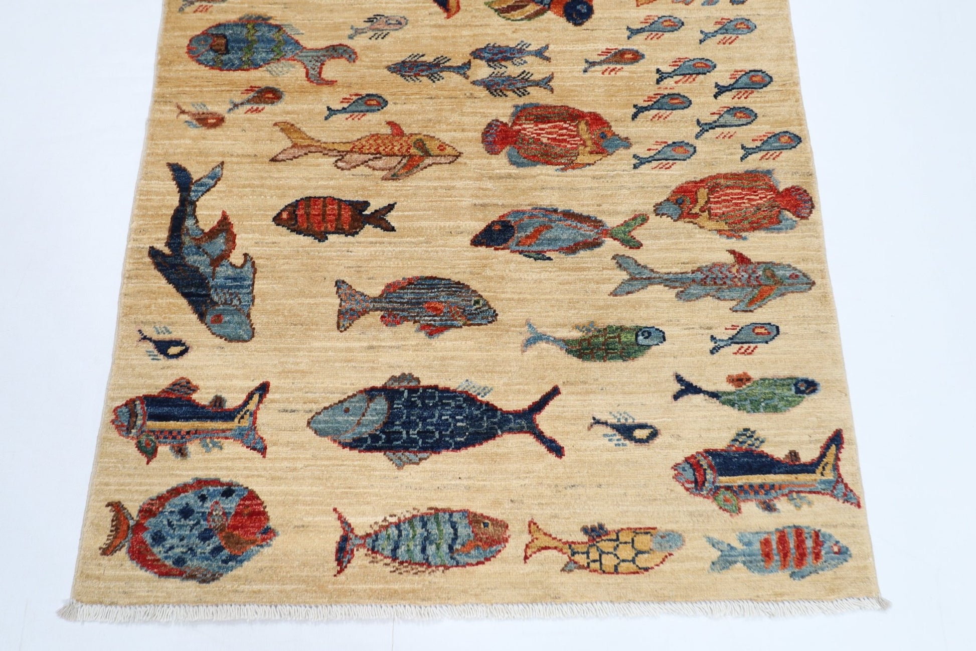 103 x 150 cm | Tribal Fish beige Area Rug Afghan Hand Knotted veg Dye Wool carpet - ART WOOL CARPET