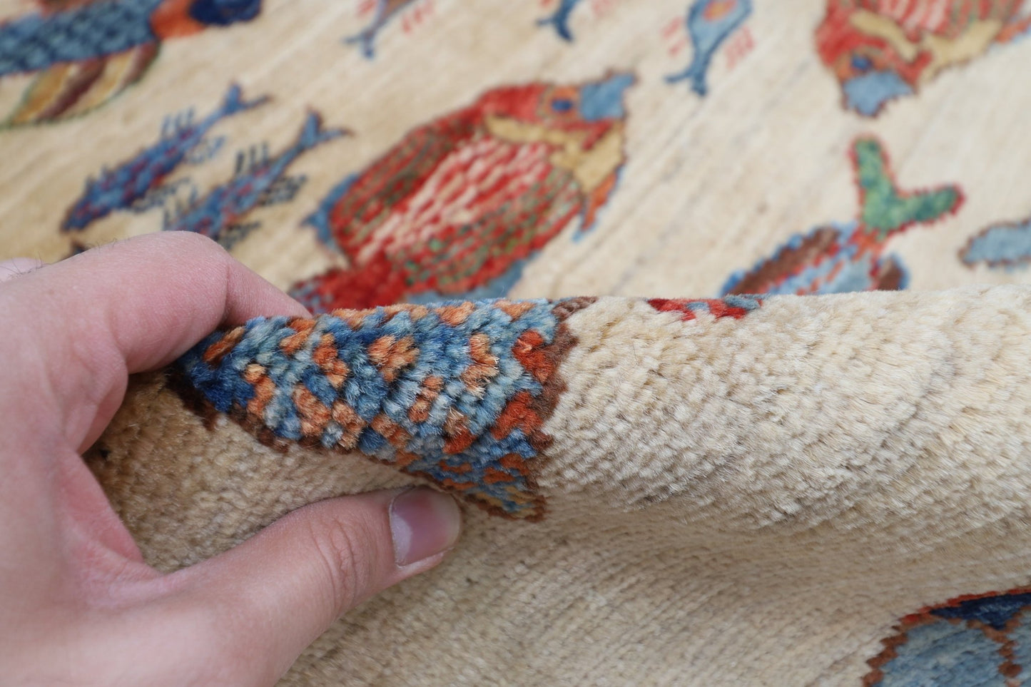 103 x 150 cm | Tribal Fish beige Area Rug Afghan Hand Knotted veg Dye Wool carpet - ART WOOL CARPET