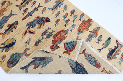 103 x 150 cm | Tribal Fish beige Area Rug Afghan Hand Knotted veg Dye Wool carpet - ART WOOL CARPET
