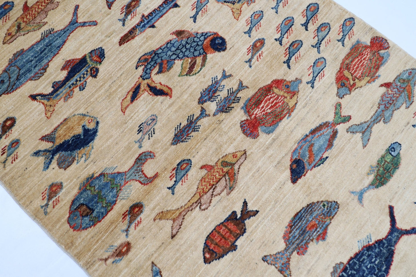 103 x 150 cm | Tribal Fish beige Area Rug Afghan Hand Knotted veg Dye Wool carpet - ART WOOL CARPET
