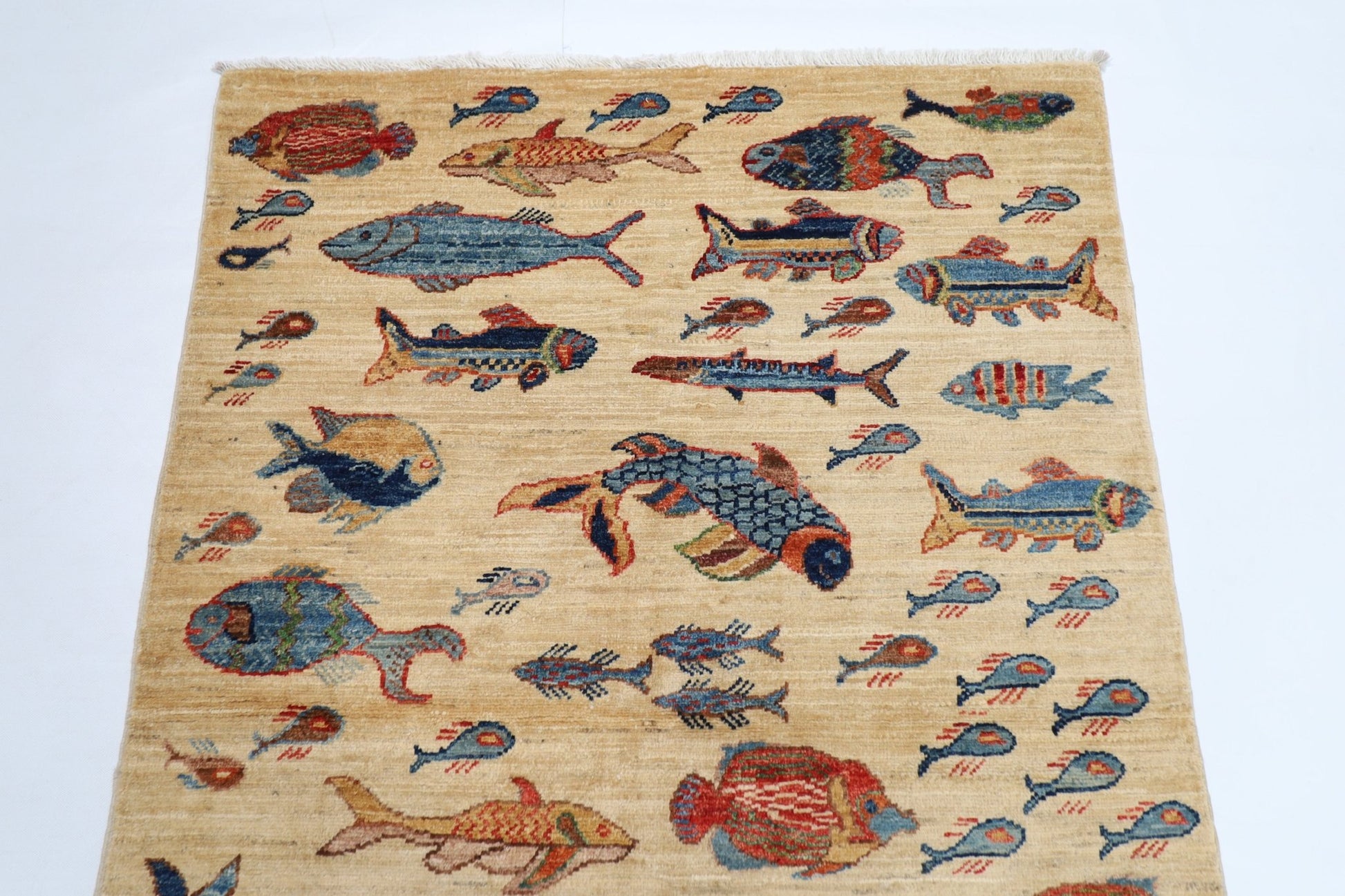 103 x 150 cm | Tribal Fish beige Area Rug Afghan Hand Knotted veg Dye Wool carpet - ART WOOL CARPET
