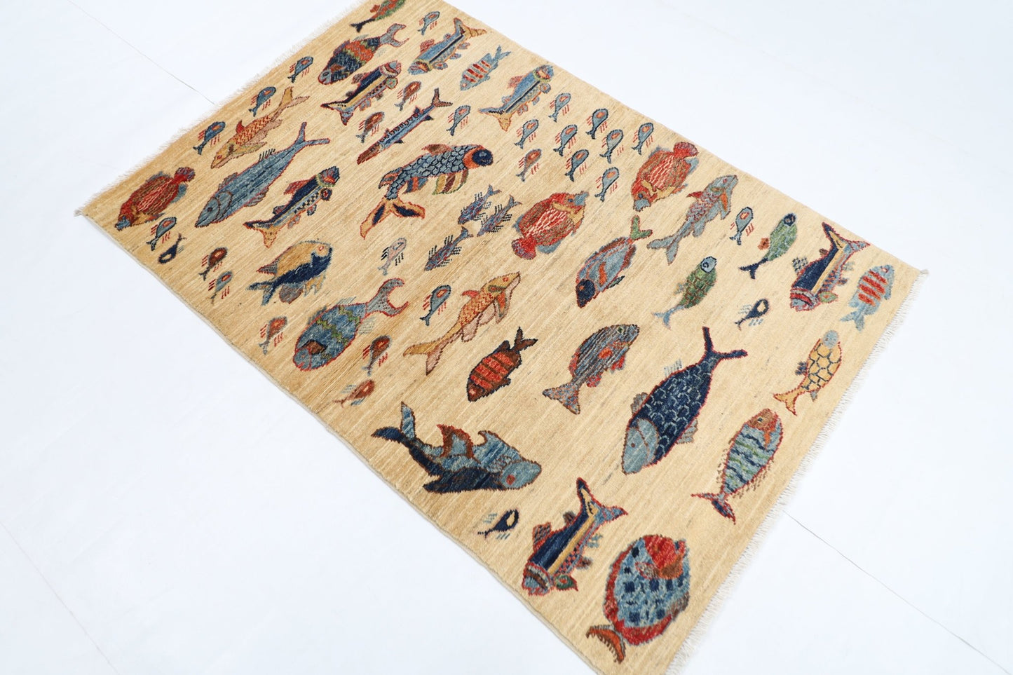 103 x 150 cm | Tribal Fish beige Area Rug Afghan Hand Knotted veg Dye Wool carpet - ART WOOL CARPET
