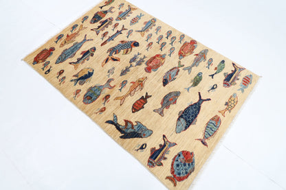 103 x 150 cm | Tribal Fish beige Area Rug Afghan Hand Knotted veg Dye Wool carpet - ART WOOL CARPET