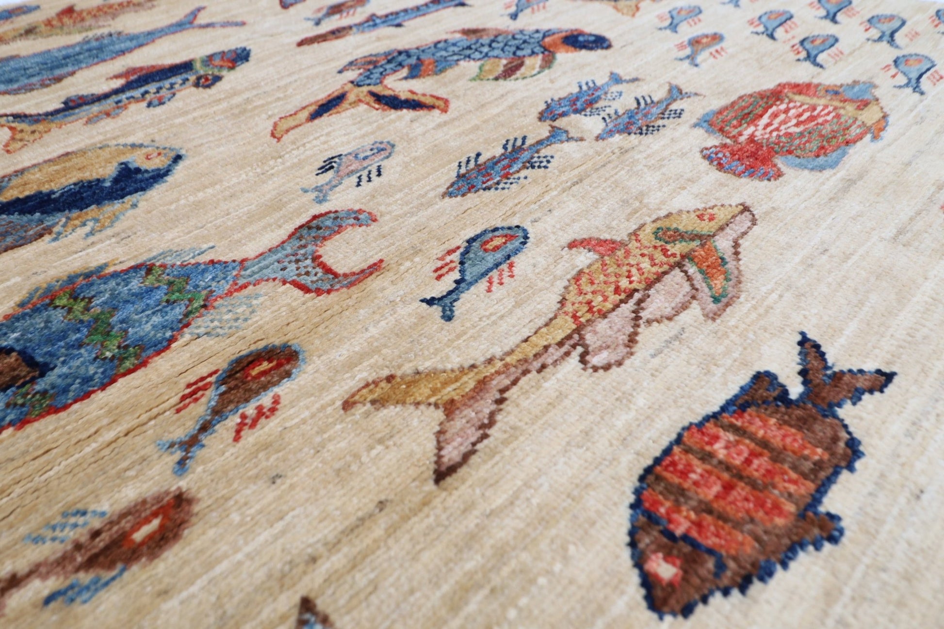 103 x 150 cm | Tribal Fish beige Area Rug Afghan Hand Knotted veg Dye Wool carpet - ART WOOL CARPET