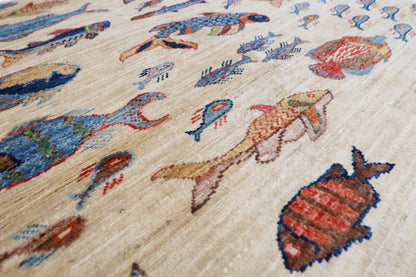 103 x 150 cm | Tribal Fish beige Area Rug Afghan Hand Knotted veg Dye Wool carpet - ART WOOL CARPET