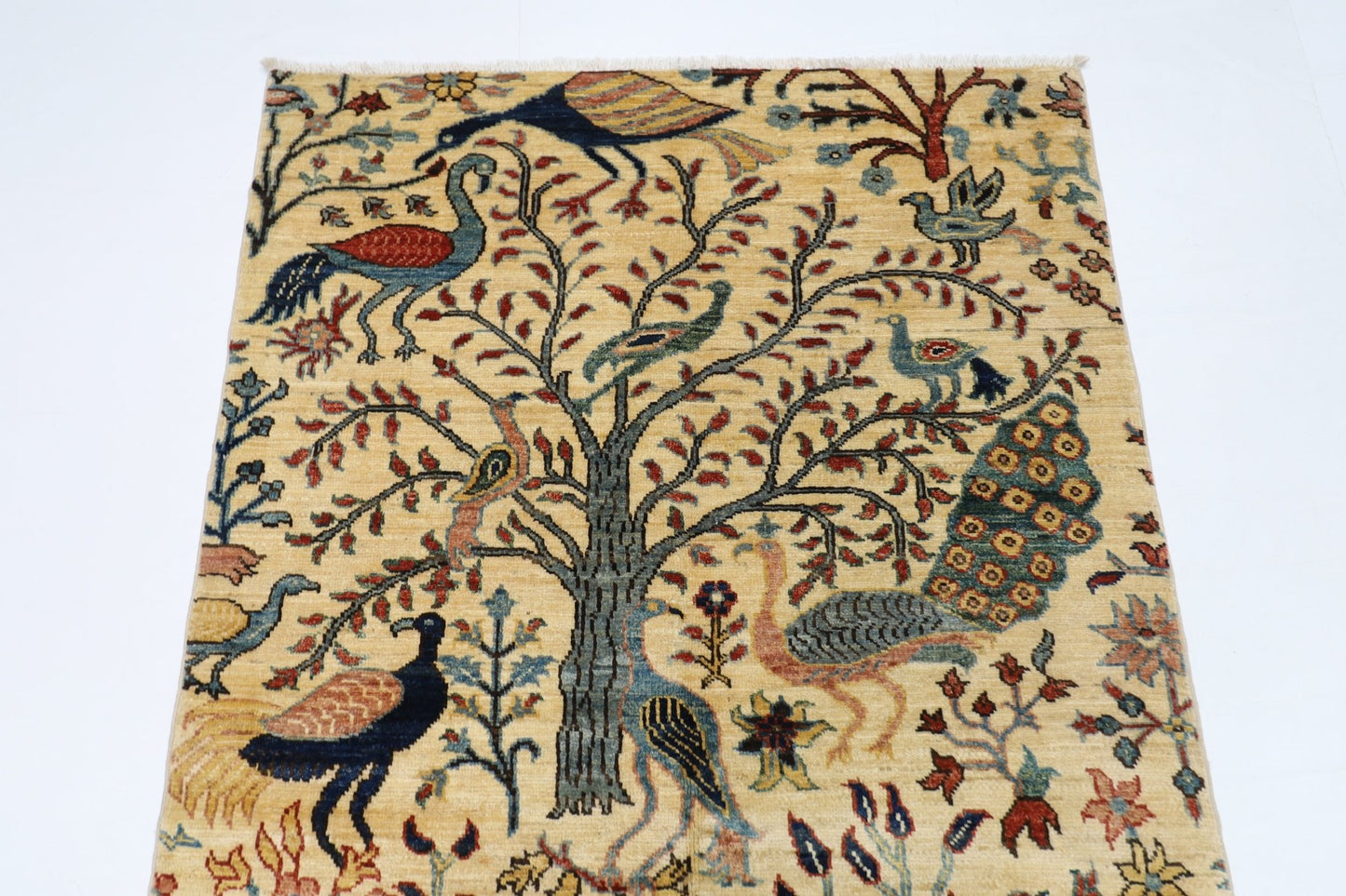 103 x 152 cm | Birds Beige Oriental Area Rug Afghan Hand Knotted Veg Dye Wool carpet - ART WOOL CARPET