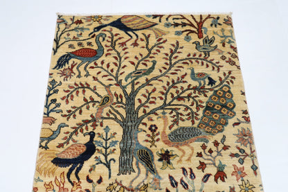 103 x 152 cm | Birds Beige Oriental Area Rug Afghan Hand Knotted Veg Dye Wool carpet - ART WOOL CARPET