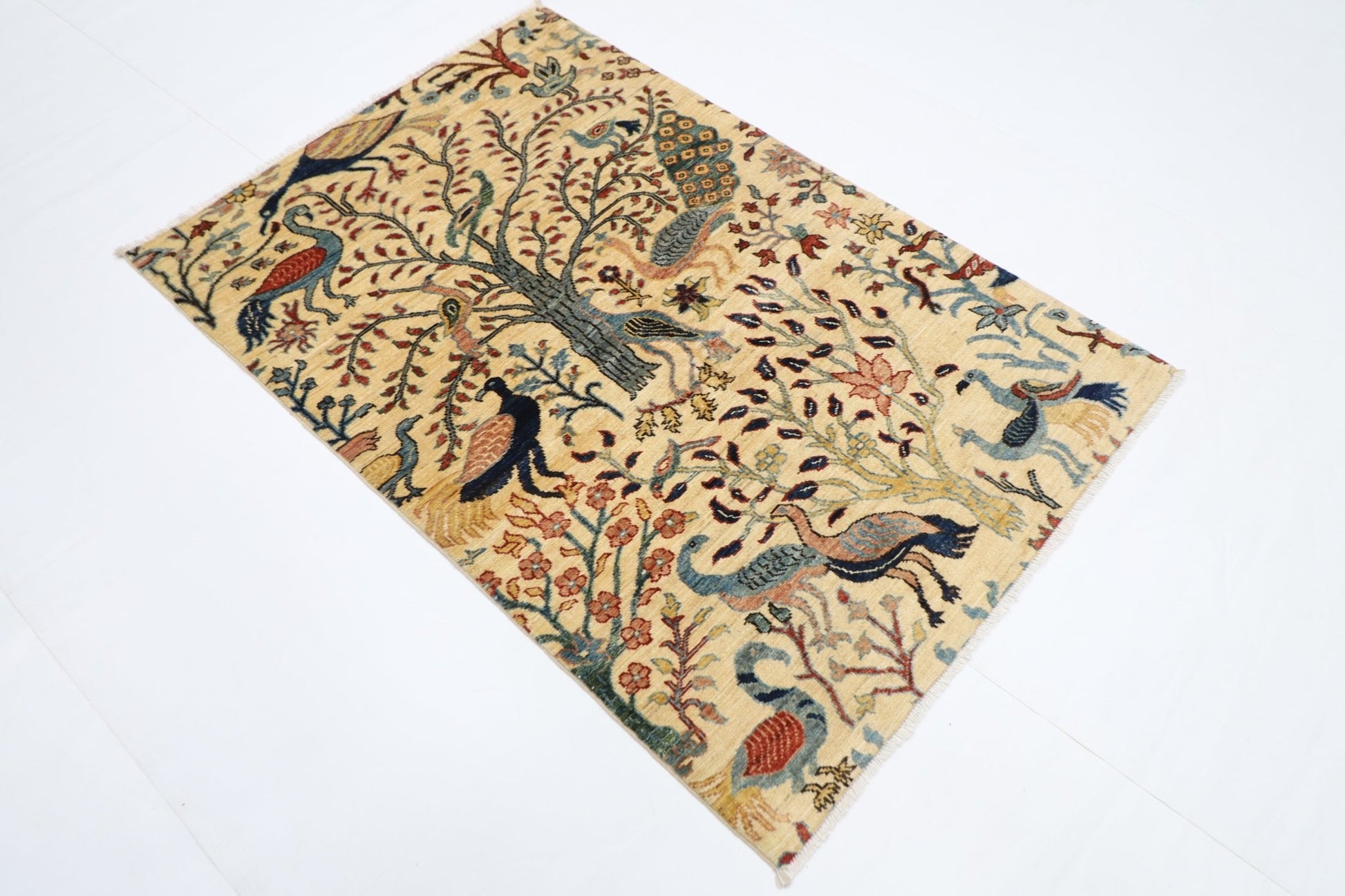 103 x 152 cm | Birds Beige Oriental Area Rug Afghan Hand Knotted Veg Dye Wool carpet - ART WOOL CARPET