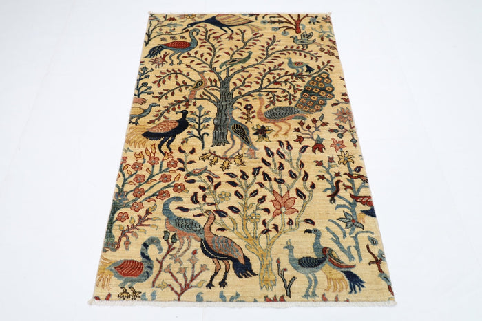 103 x 152 cm | Birds Beige Oriental Area Rug Afghan Hand Knotted Veg Dye Wool carpet