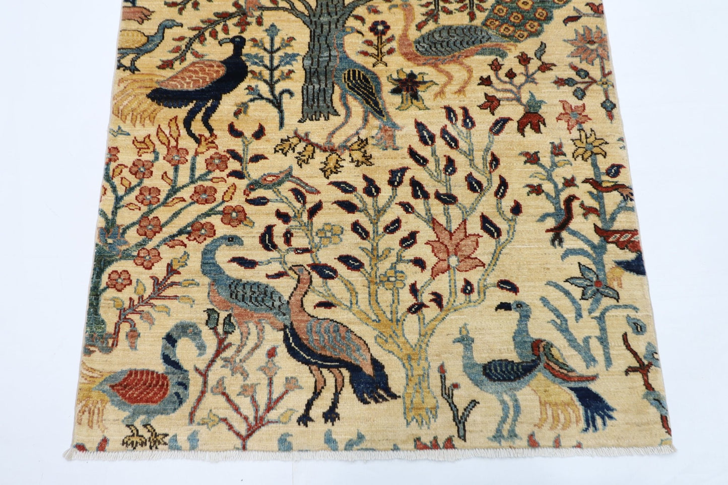 103 x 152 cm | Birds Beige Oriental Area Rug Afghan Hand Knotted Veg Dye Wool carpet - ART WOOL CARPET