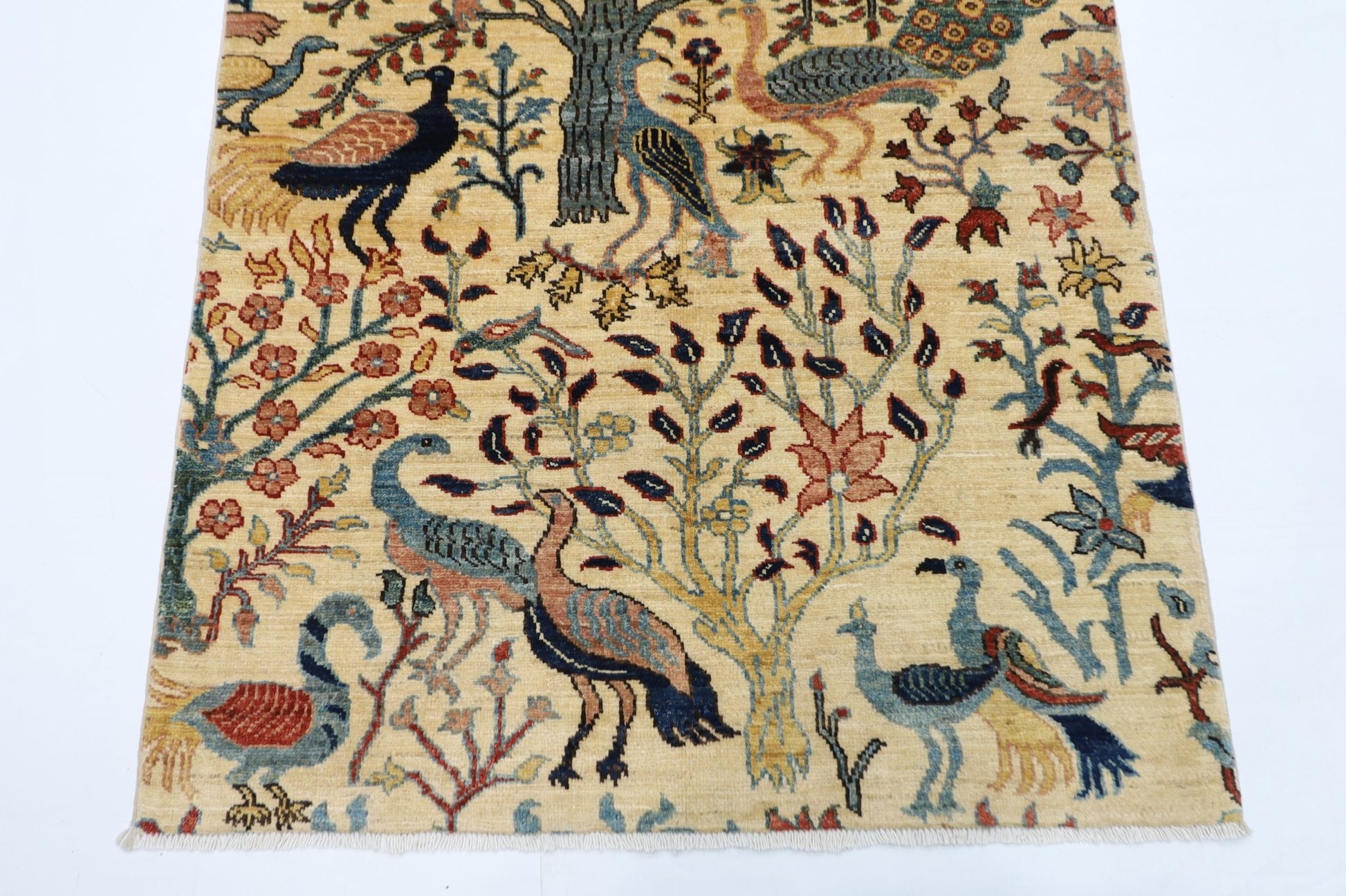 103 x 152 cm | Birds Beige Oriental Area Rug Afghan Hand Knotted Veg Dye Wool carpet - ART WOOL CARPET