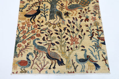 103 x 152 cm | Birds Beige Oriental Area Rug Afghan Hand Knotted Veg Dye Wool carpet - ART WOOL CARPET