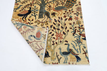 103 x 152 cm | Birds Beige Oriental Area Rug Afghan Hand Knotted Veg Dye Wool carpet - ART WOOL CARPET