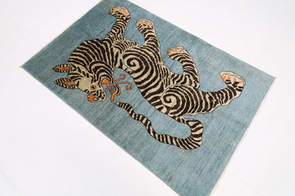 103 x 154 cm | Tiger Blue Oriental Area Rug Afghan Hand Knotted Veg Dye Wool carpet - ART WOOL CARPET