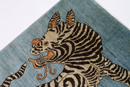 103 x 154 cm | Tiger Blue Oriental Area Rug Afghan Hand Knotted Veg Dye Wool carpet - ART WOOL CARPET
