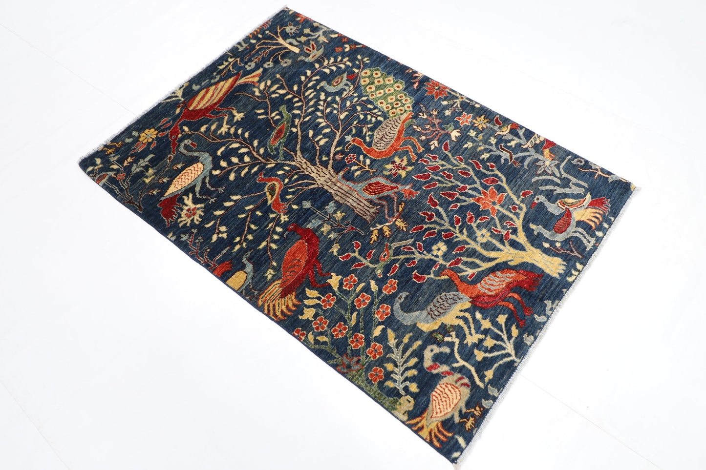 104 x 147 cm | Birds blue Oriental Area Rug Afghan Hand Knotted Veg Dye Wool carpet - ART WOOL CARPET