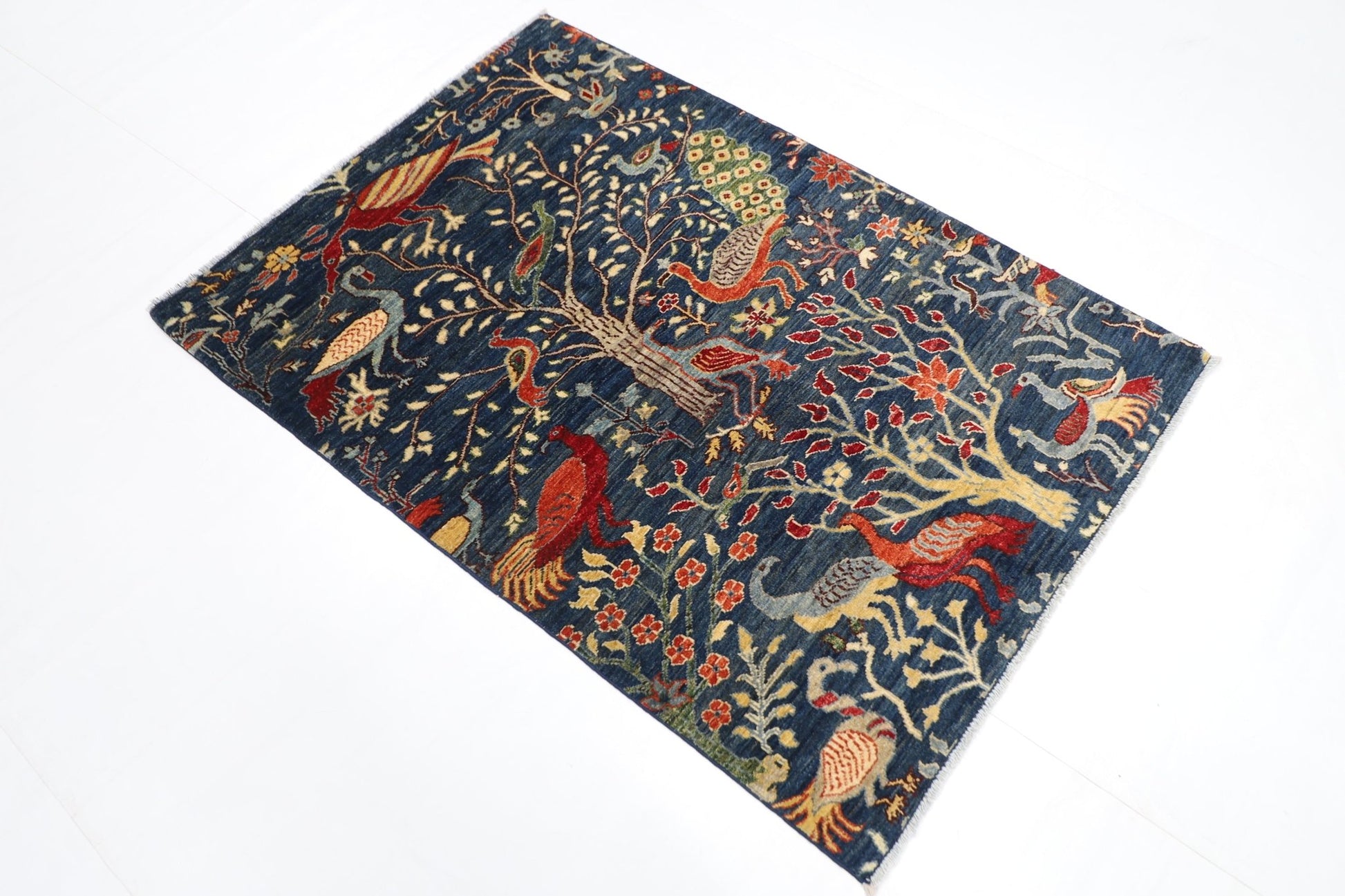 104 x 147 cm | Birds blue Oriental Area Rug Afghan Hand Knotted Veg Dye Wool carpet - ART WOOL CARPET