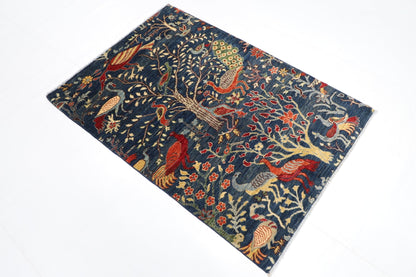 104 x 147 cm | Birds blue Oriental Area Rug Afghan Hand Knotted Veg Dye Wool carpet - ART WOOL CARPET