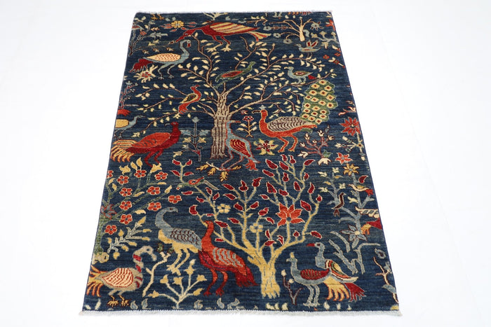 104 x 147 cm | Birds blue Oriental Area Rug Afghan Hand Knotted Veg Dye Wool carpet