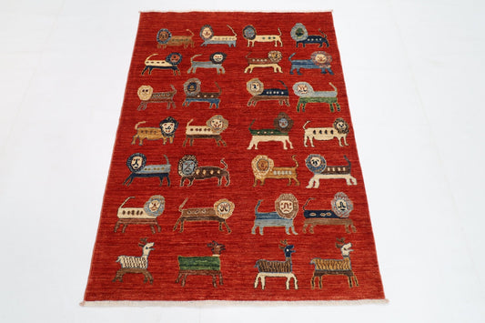 105 x 145 cm | Tribal Lion Red Area Rug Afghan Hand Knotted veg Dye Wool carpet - ART WOOL CARPET