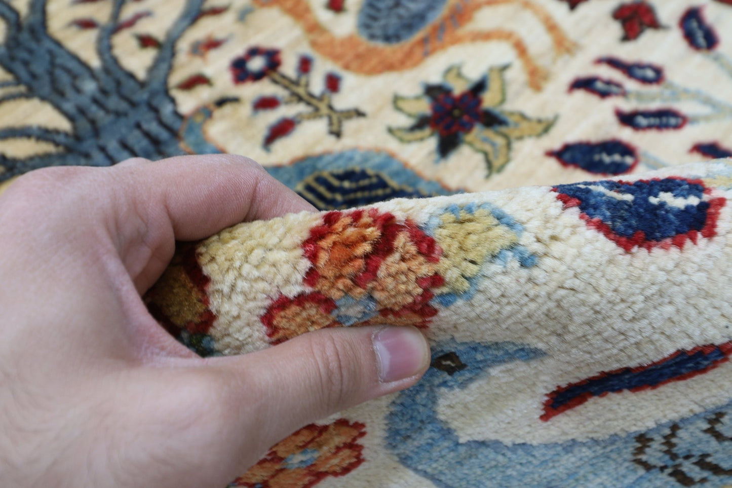 105 x 152 cm | Birds Beige Oriental Area Rug Afghan Hand Knotted Veg Dye Wool carpet - ART WOOL CARPET