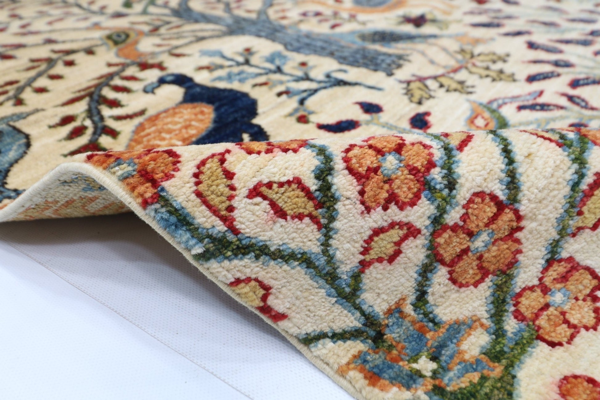 105 x 152 cm | Birds Beige Oriental Area Rug Afghan Hand Knotted Veg Dye Wool carpet - ART WOOL CARPET