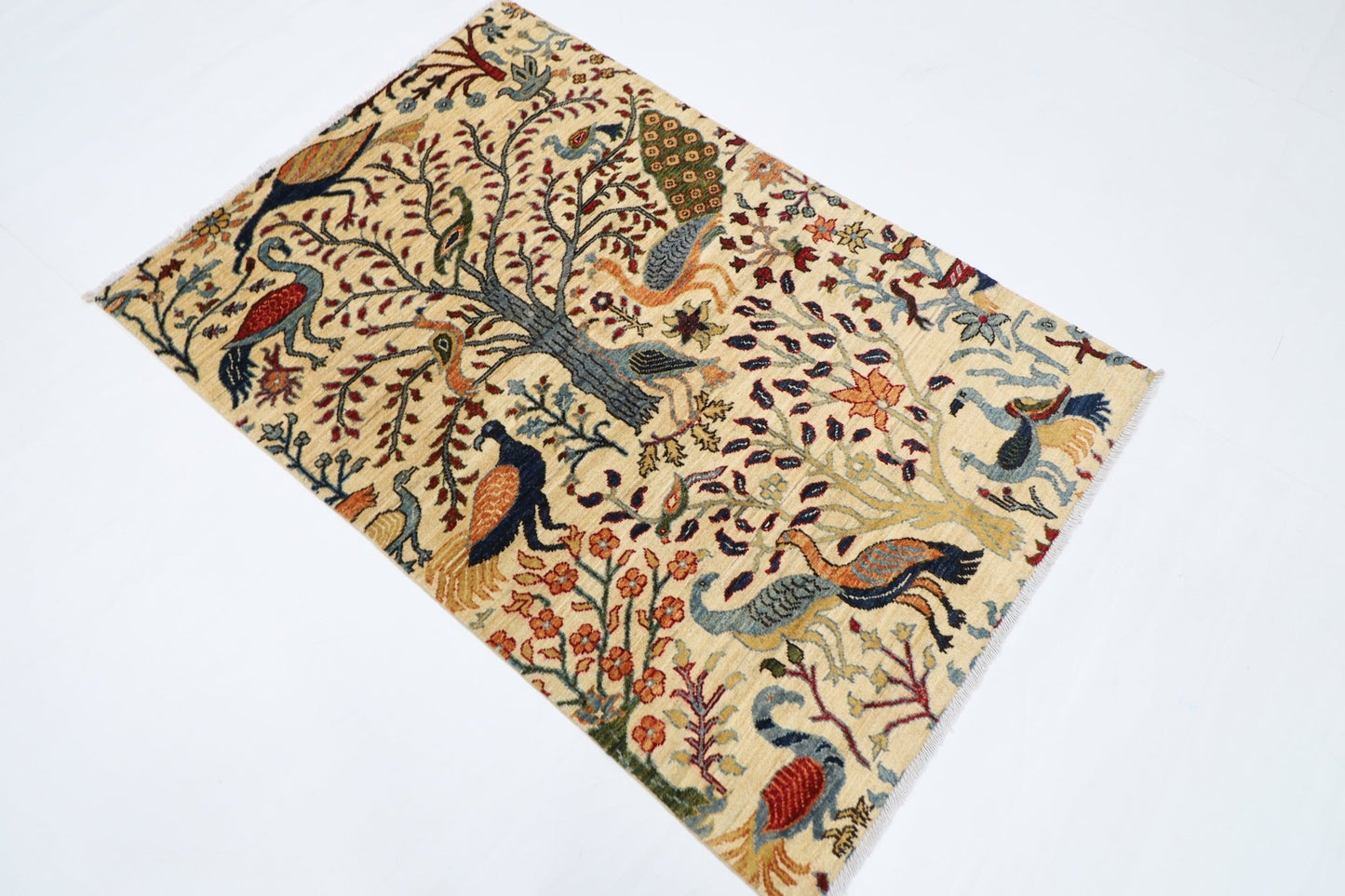 105 x 152 cm | Birds Beige Oriental Area Rug Afghan Hand Knotted Veg Dye Wool carpet - ART WOOL CARPET