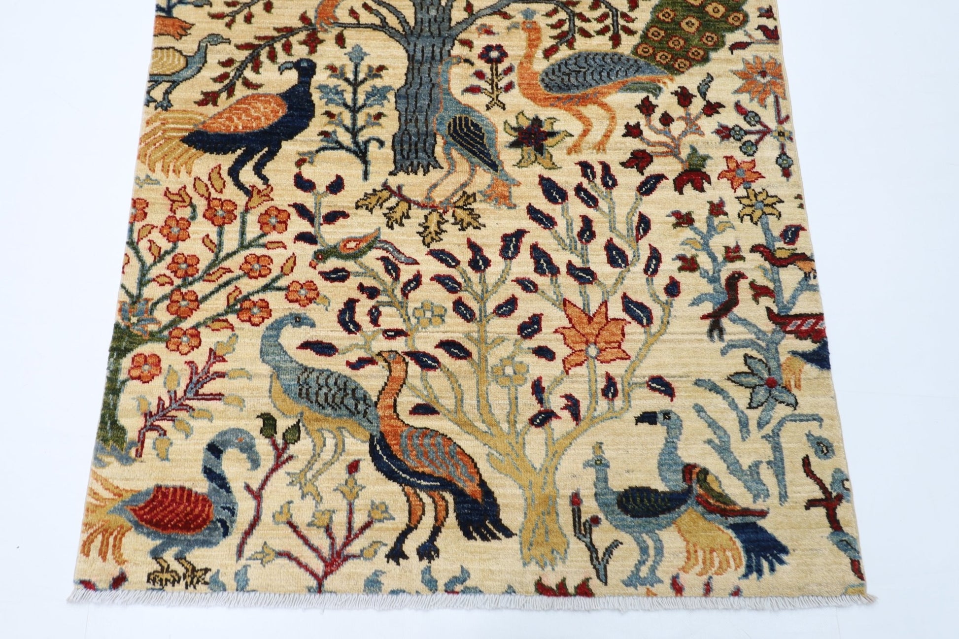 105 x 152 cm | Birds Beige Oriental Area Rug Afghan Hand Knotted Veg Dye Wool carpet - ART WOOL CARPET