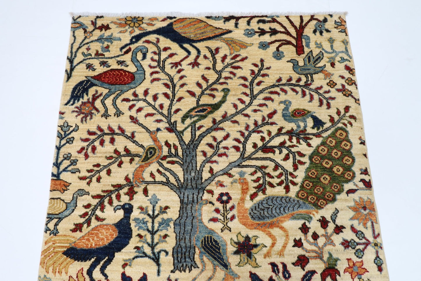 105 x 152 cm | Birds Beige Oriental Area Rug Afghan Hand Knotted Veg Dye Wool carpet - ART WOOL CARPET