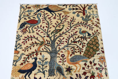 105 x 152 cm | Birds Beige Oriental Area Rug Afghan Hand Knotted Veg Dye Wool carpet - ART WOOL CARPET