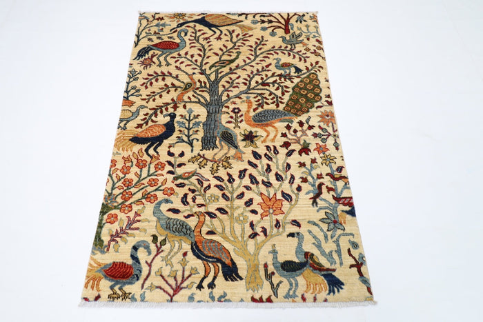 105 x 152 cm | Birds Beige Oriental Area Rug Afghan Hand Knotted Veg Dye Wool carpet