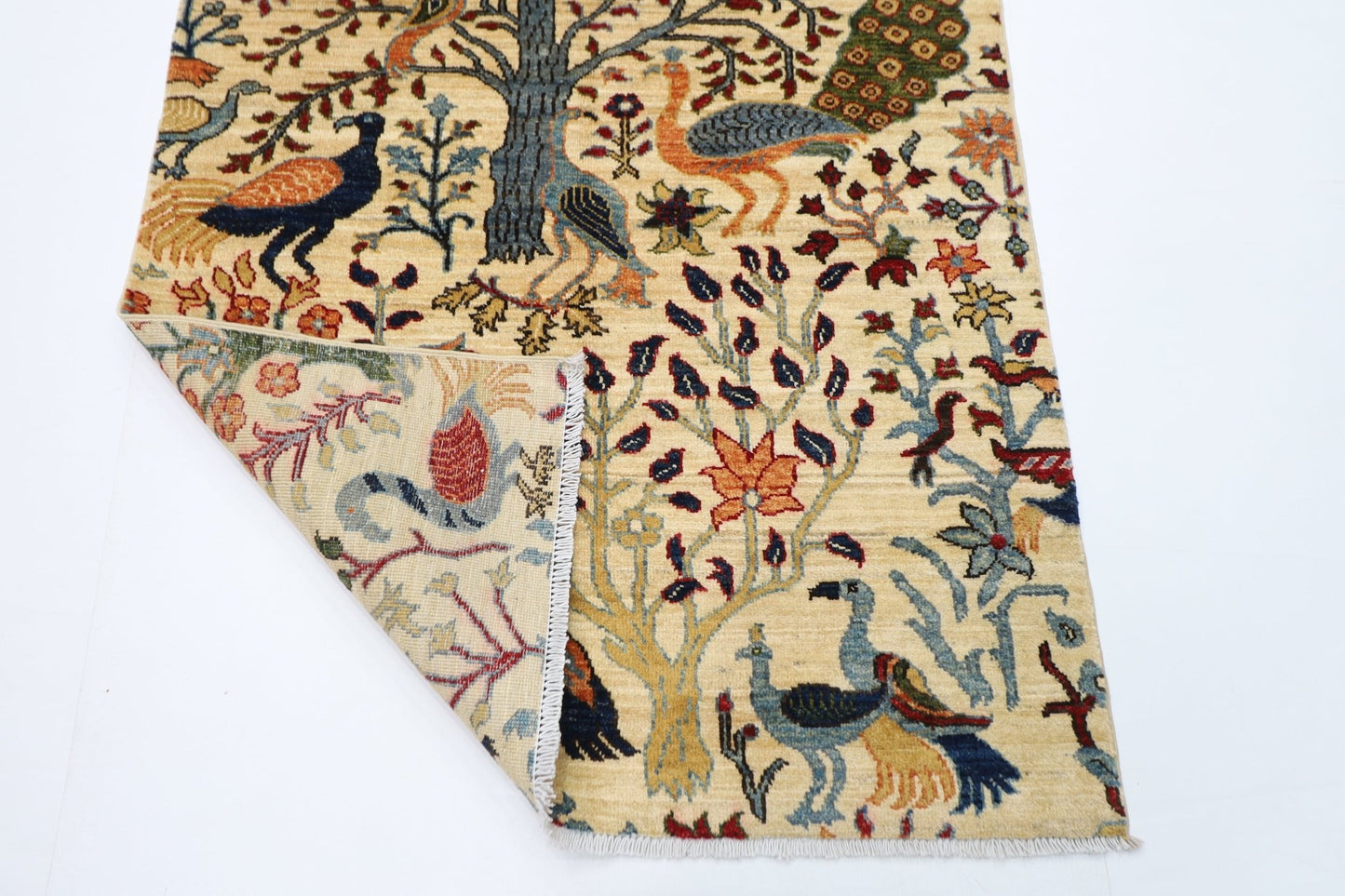 105 x 152 cm | Birds Beige Oriental Area Rug Afghan Hand Knotted Veg Dye Wool carpet - ART WOOL CARPET