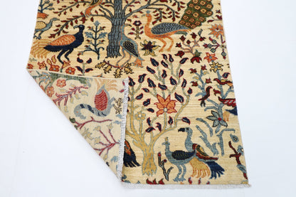 105 x 152 cm | Birds Beige Oriental Area Rug Afghan Hand Knotted Veg Dye Wool carpet - ART WOOL CARPET
