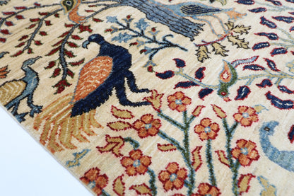 105 x 152 cm | Birds Beige Oriental Area Rug Afghan Hand Knotted Veg Dye Wool carpet - ART WOOL CARPET