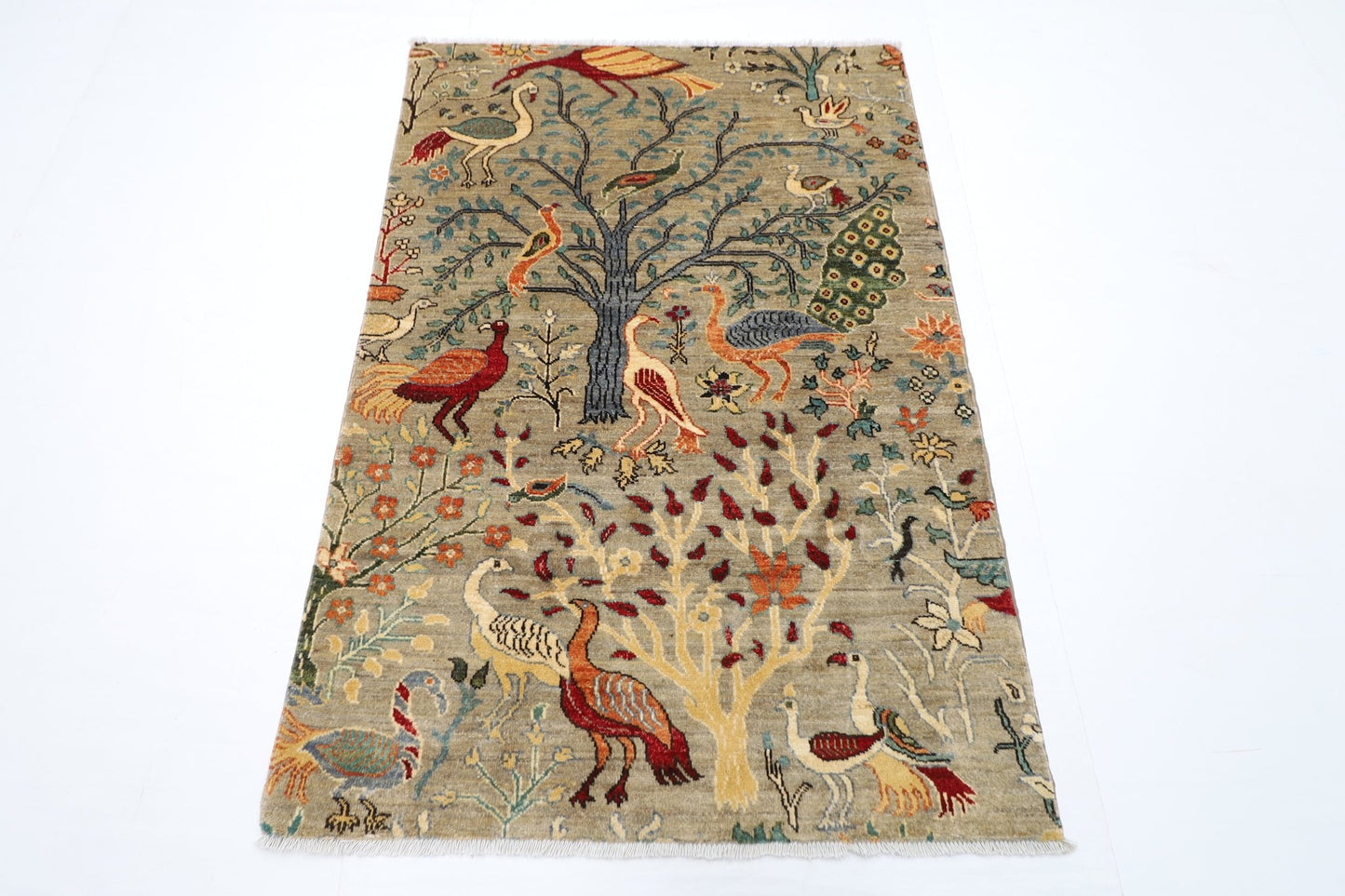 105 x 153 cm | Birds Oriental Area Rug Afghan Hand Knotted Veg Dye Wool carpet - ART WOOL CARPET