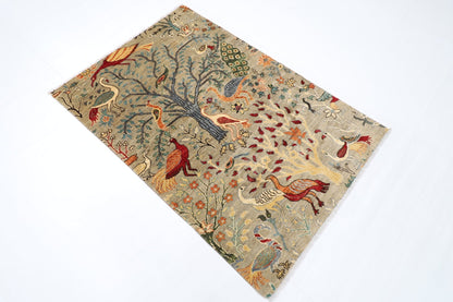 105 x 153 cm | Birds Oriental Area Rug Afghan Hand Knotted Veg Dye Wool carpet - ART WOOL CARPET