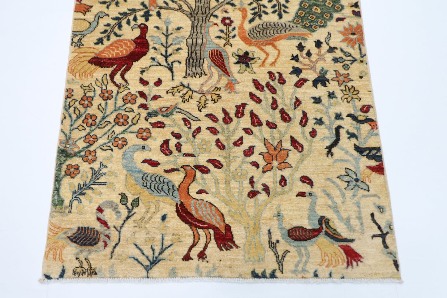 105 x 154 cm | Birds Beige Oriental Area Rug Afghan Hand Knotted Veg Dye Wool carpet - ART WOOL CARPET