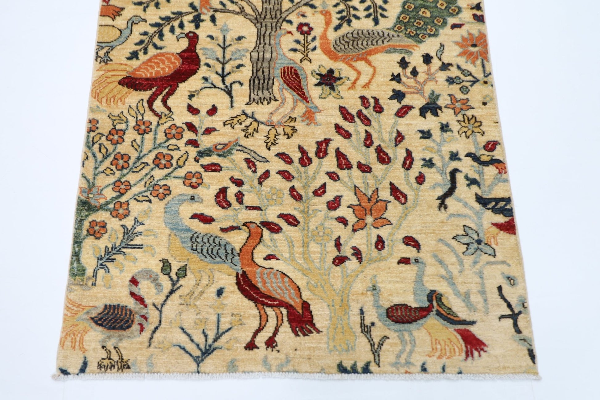 105 x 154 cm | Birds Beige Oriental Area Rug Afghan Hand Knotted Veg Dye Wool carpet - ART WOOL CARPET