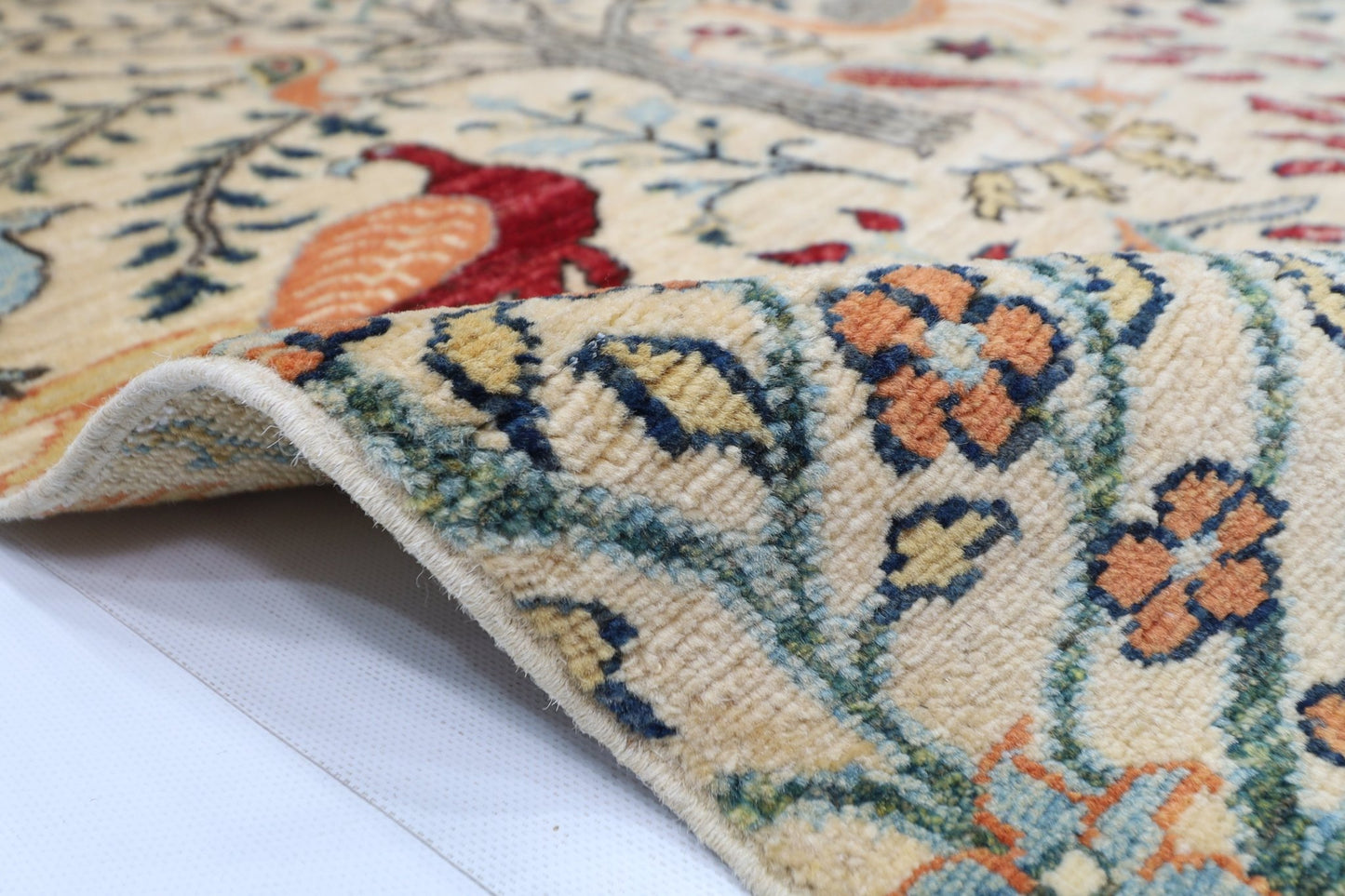 105 x 154 cm | Birds Beige Oriental Area Rug Afghan Hand Knotted Veg Dye Wool carpet - ART WOOL CARPET