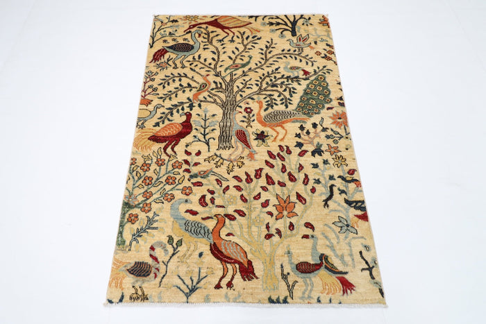 105 x 154 cm | Birds Beige Oriental Area Rug Afghan Hand Knotted Veg Dye Wool carpet