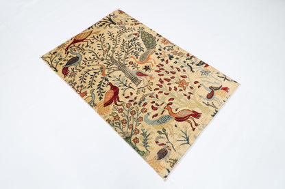 105 x 154 cm | Birds Beige Oriental Area Rug Afghan Hand Knotted Veg Dye Wool carpet - ART WOOL CARPET