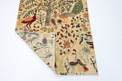 105 x 154 cm | Birds Beige Oriental Area Rug Afghan Hand Knotted Veg Dye Wool carpet - ART WOOL CARPET