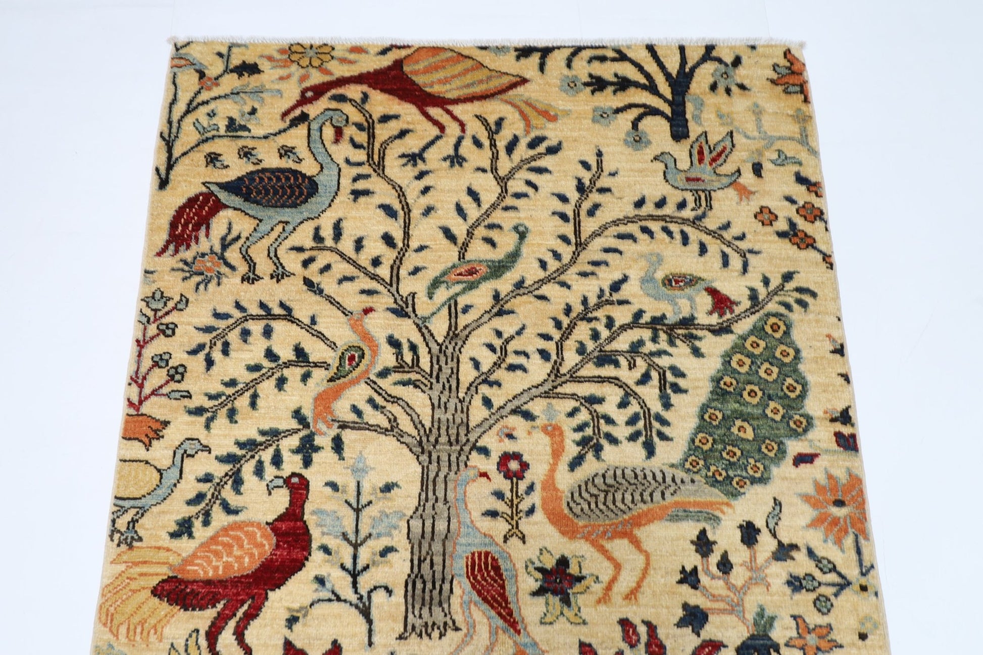 105 x 154 cm | Birds Beige Oriental Area Rug Afghan Hand Knotted Veg Dye Wool carpet - ART WOOL CARPET