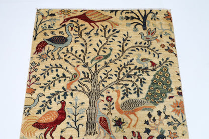 105 x 154 cm | Birds Beige Oriental Area Rug Afghan Hand Knotted Veg Dye Wool carpet - ART WOOL CARPET