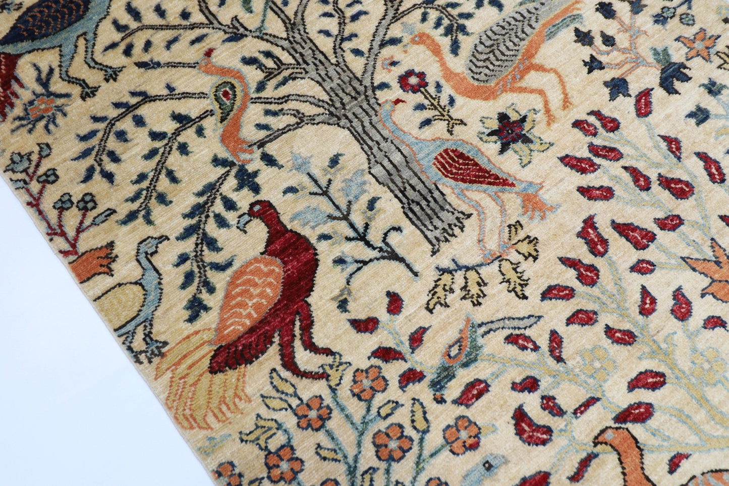 105 x 154 cm | Birds Beige Oriental Area Rug Afghan Hand Knotted Veg Dye Wool carpet - ART WOOL CARPET