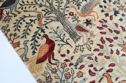 105 x 154 cm | Birds Beige Oriental Area Rug Afghan Hand Knotted Veg Dye Wool carpet - ART WOOL CARPET
