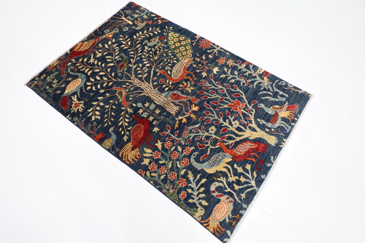 106 x 156 cm | Birds Blue Oriental Area Rug Afghan Hand Knotted Veg Dye Wool carpet - ART WOOL CARPET